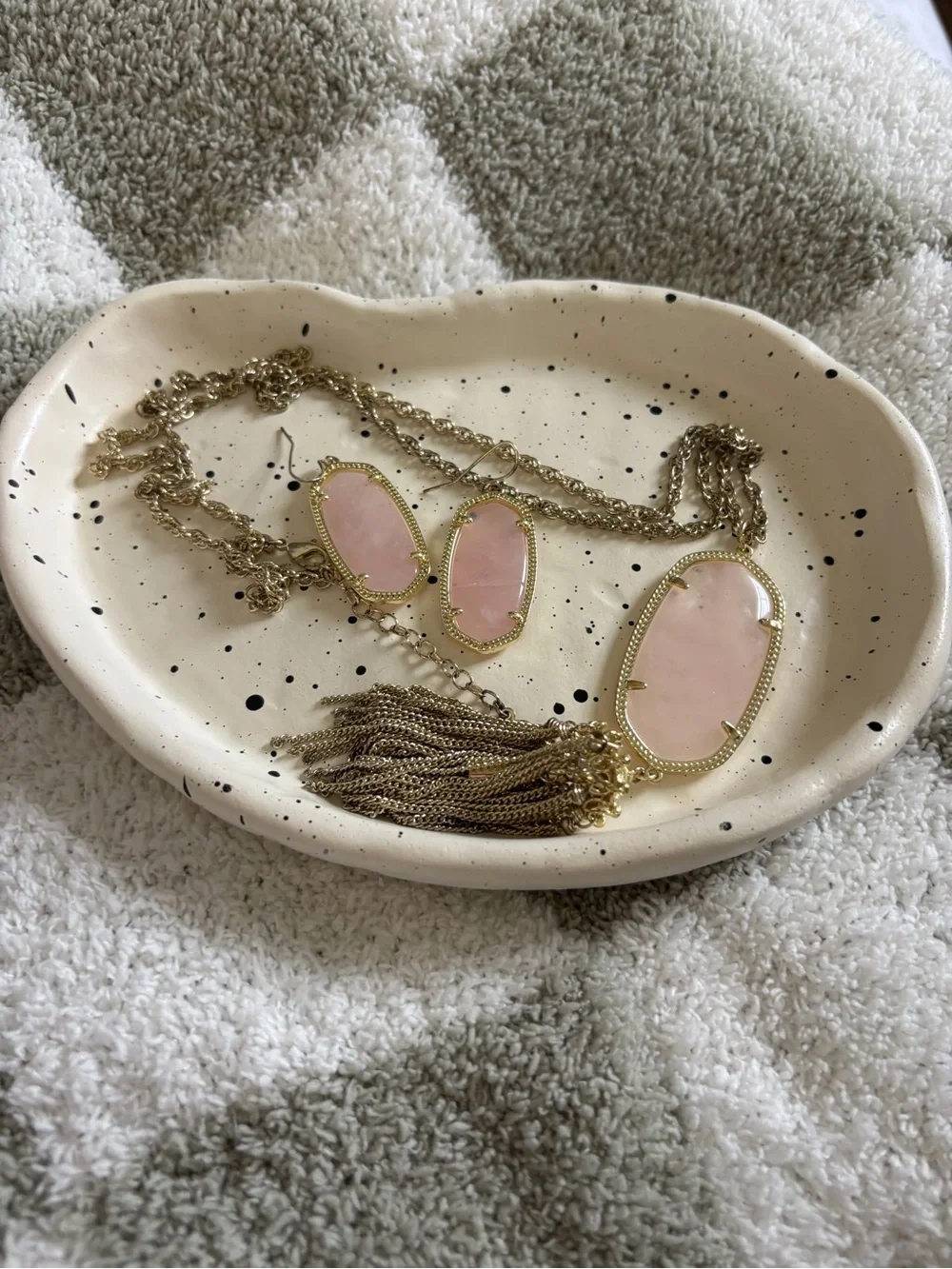 Kendra Scott Gold-Tone Rose Quartz Pink Pendant Necklace and Tassel Earrings Set
